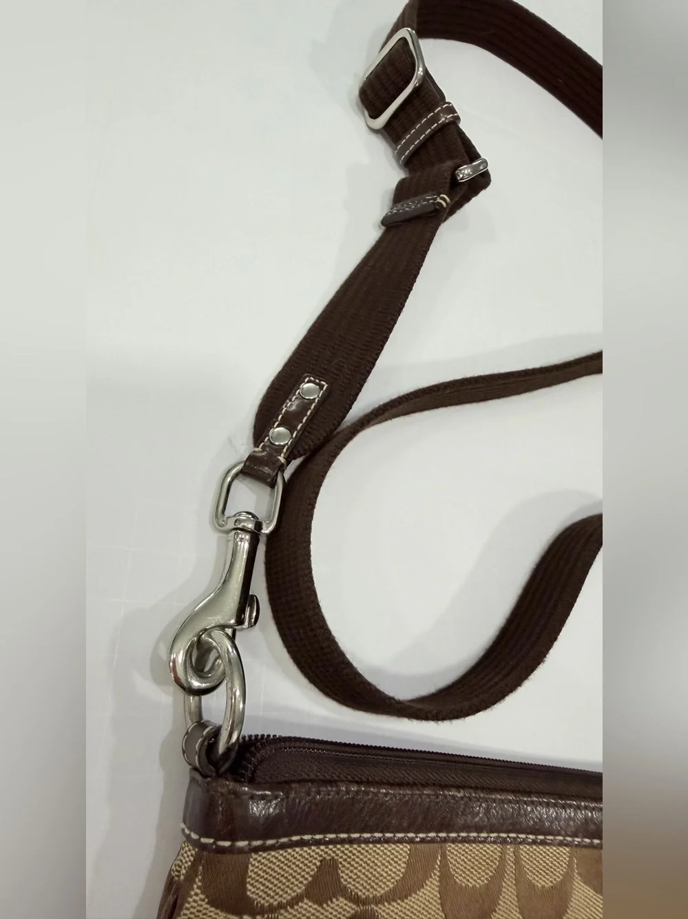 Coach Tan and Dark Brown Signature Stripe Messenger Bag